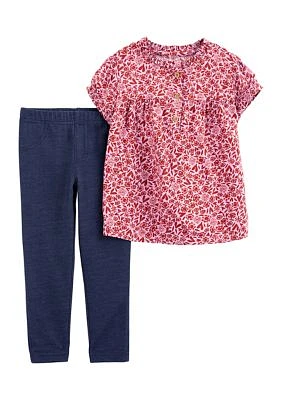 Baby Girls Floral Heart Printed Top and Denim Leggings Set