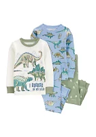 Toddler Boys Dinosaur Printed 4 Piece Pajama Set