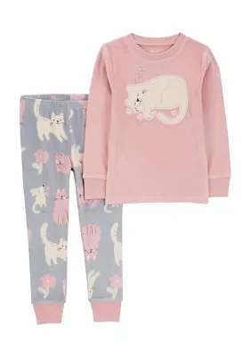 Toddler Girls 2 Piece Kitty Velour Printed Pajama Set