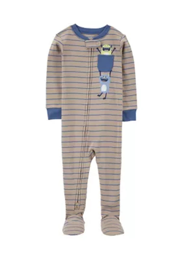 Toddler Boys Monster Appliqué Striped Footie Pajamas