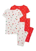 Girls 4-6x Short Sleeve Cherry 4 Piece Pajama Set