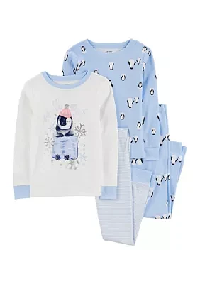 Toddler Girls 4 Piece Snow Penguin Printed Pajama Set