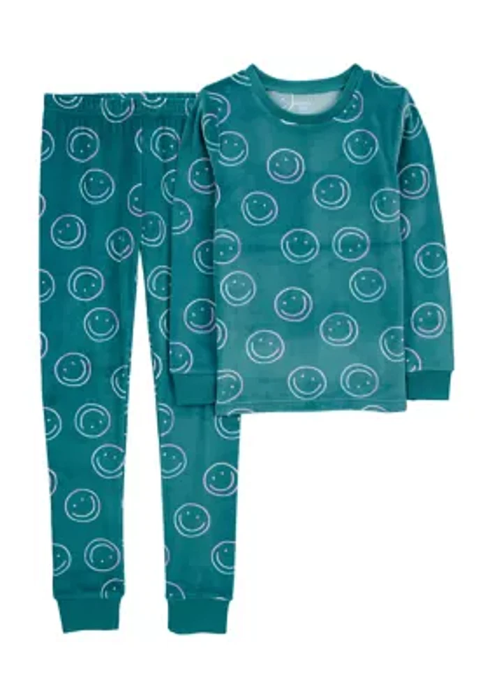 Girls 5-16 2 Piece Smiley Printed Velour Pajama Set