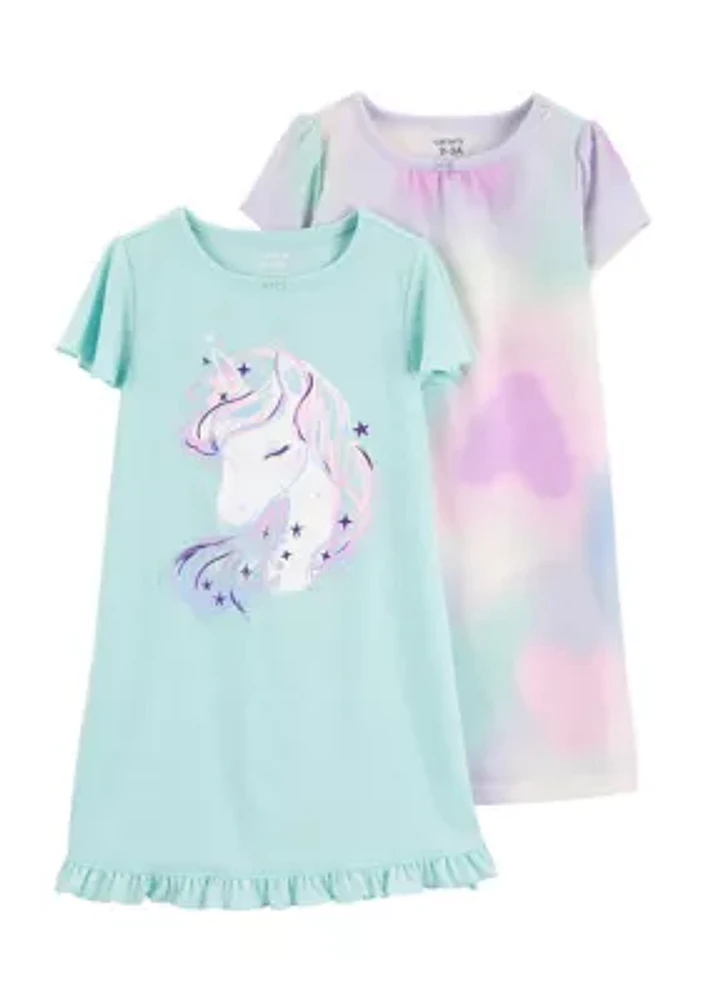 Girls 4-14 Unicorn and Printed Nightgowns - 2 Pack