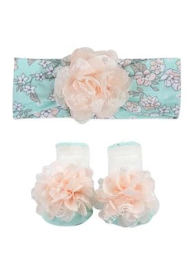 Baby Girls Pink Green Floral Bow and Socks Set