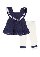 Toddler Girls Nautical Eyelet Top and Leggings Set