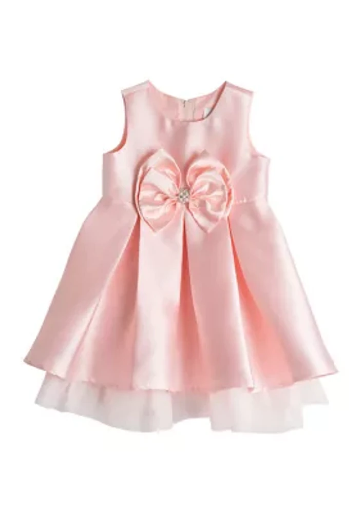 Toddler Girls Pleated Satin Bow Dress