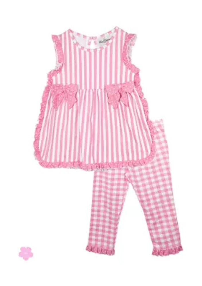 Toddler Girls Striped Top with Side Bow and Check Print Pants