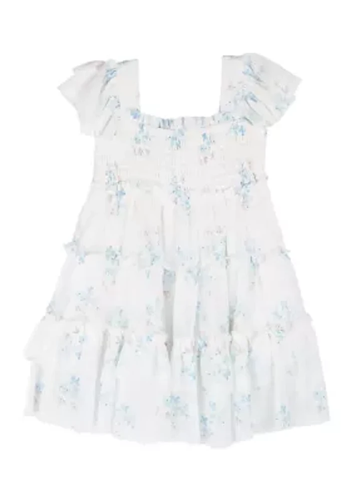 Baby Girls Blue Floral Power Mesh Tiered Dress