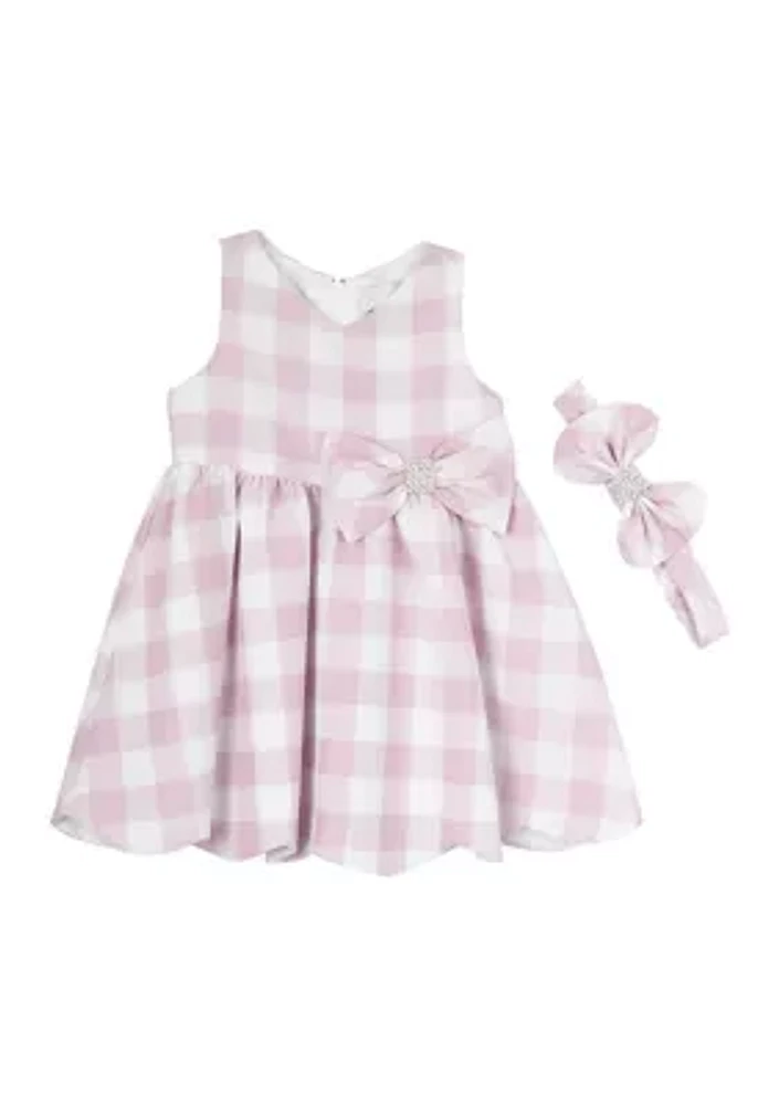 Baby Girls Pink Check Dress with Headband