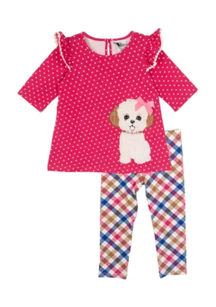 Toddler Girls Dog Appliqué Top and Printed Leggings Set