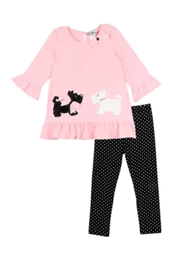 Toddler Girls Scotty Dog Appliqué Top and Polka Dot Printed Leggings Set