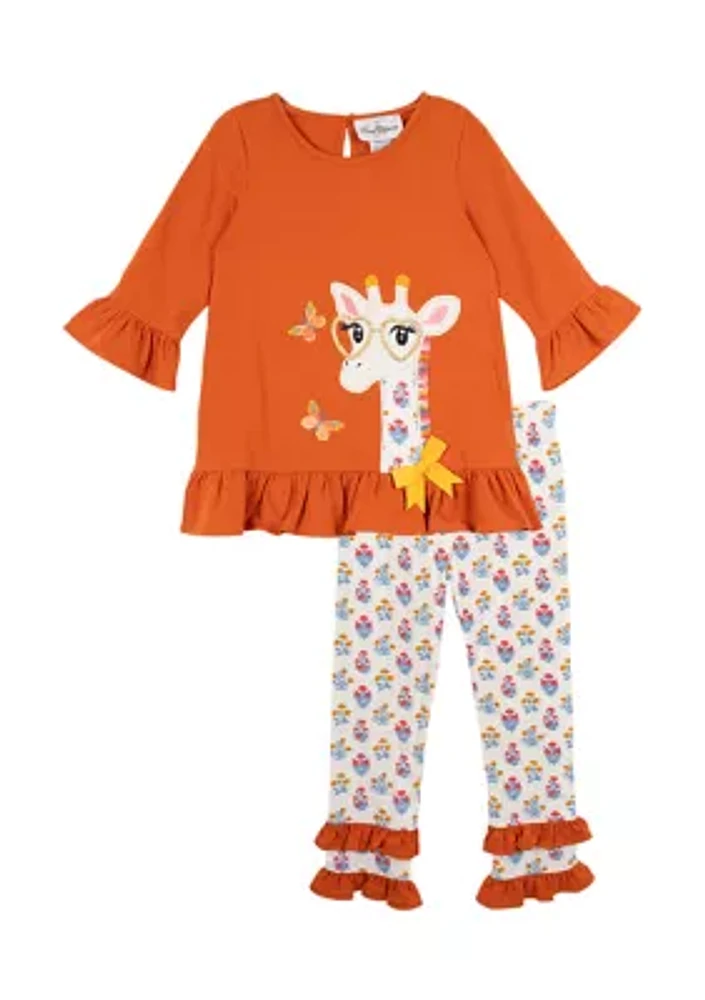 Toddler Girls Giraffe Appliqué Top and Ruffled Leggings Set