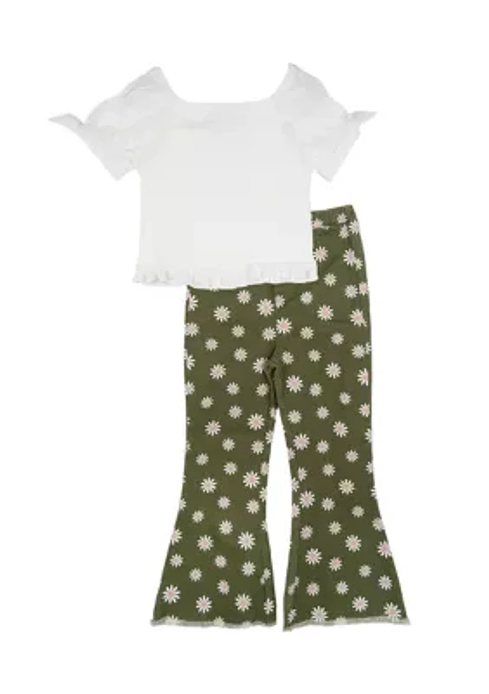 Toddler Girls Square Neck Top and Floral Printed Pants Set