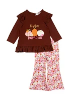 Baby Girls Pumpkin Appliqué Top and Printed Pants Set