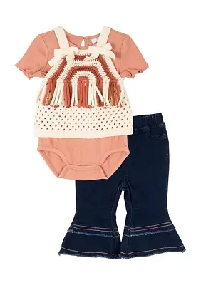 Baby Girls Crochet Knit Top with Bodysuit and Pants Set