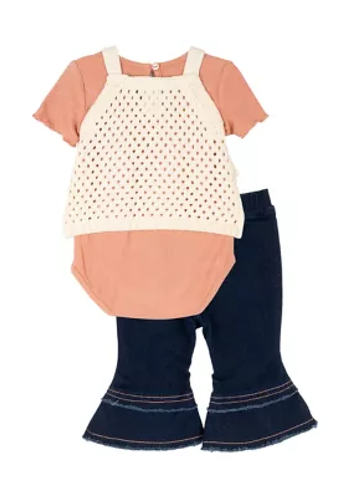 Baby Girls Crochet Knit Top with Bodysuit and Pants Set