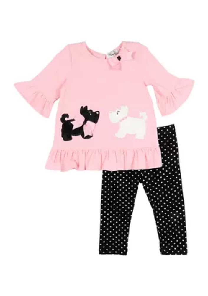 Baby Girls Scotty Dog Appliqué Top and Polka Dot Printed Leggings Set