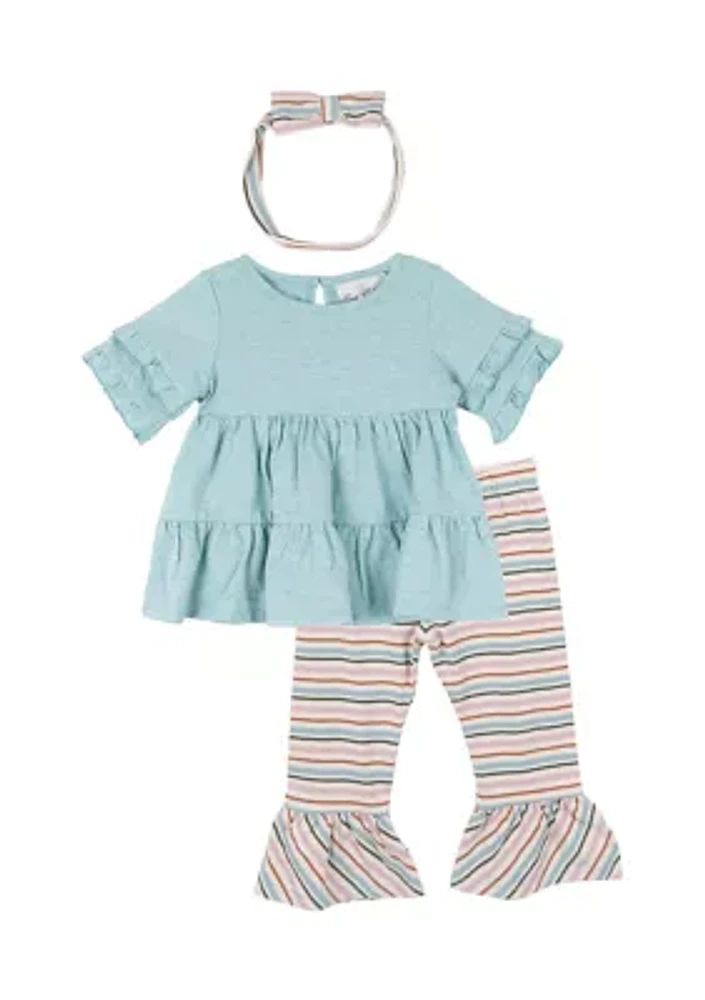 Baby Girls Top and Striped Pants Set with Headband