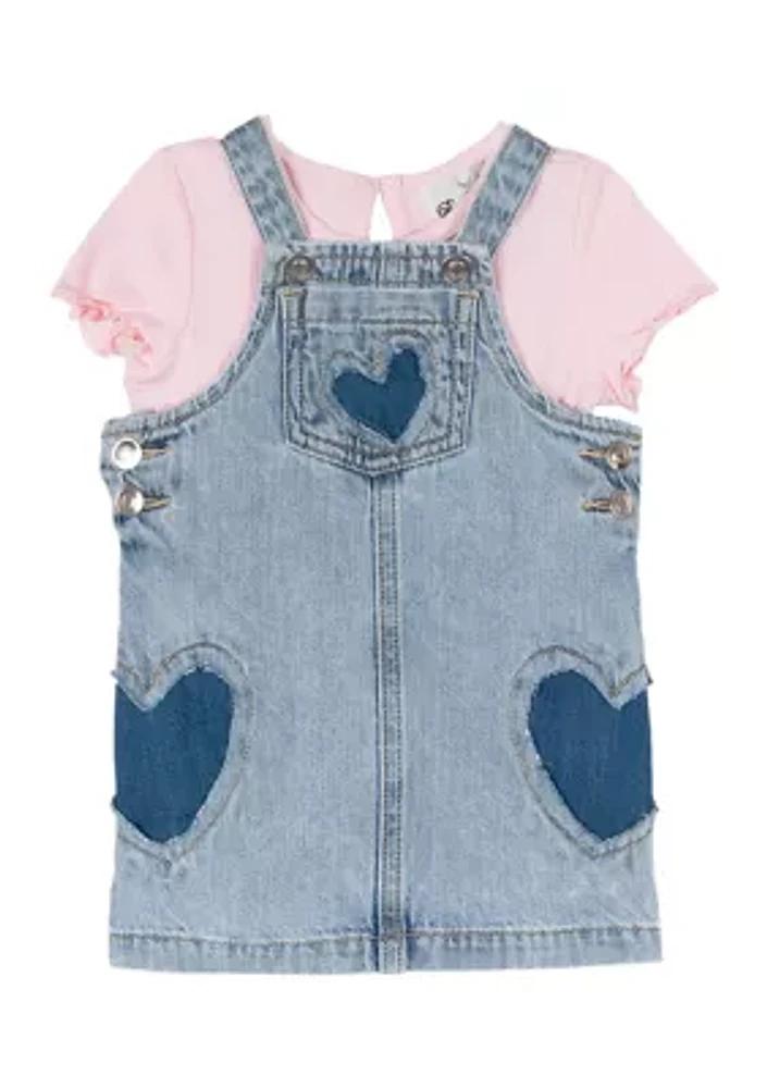 Baby Girls Heart Printed Denim Jumper Dress and T-Shirt Set