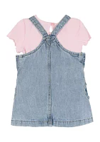 Baby Girls Heart Printed Denim Jumper Dress and T-Shirt Set