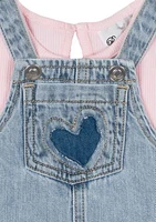 Baby Girls Heart Printed Denim Jumper Dress and T-Shirt Set