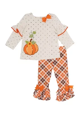 Toddler Girls Pumpkin Appliqué Ivory Foil Dot Top and Printed Leggings Set