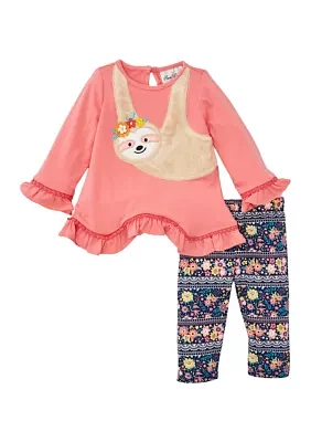 Baby Girls Solid Knit Top with Sloth Appliqué and Leggings Set