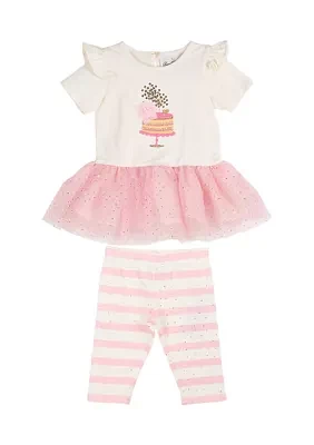 Toddler Girls Knit Birthday Cake Appliqué Top and Stripe Leggings Set