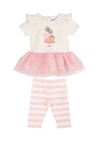 Toddler Girls Knit Birthday Cake Appliqué Top and Stripe Leggings Set