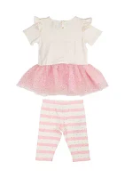 Toddler Girls Knit Birthday Cake Appliqué Top and Stripe Leggings Set