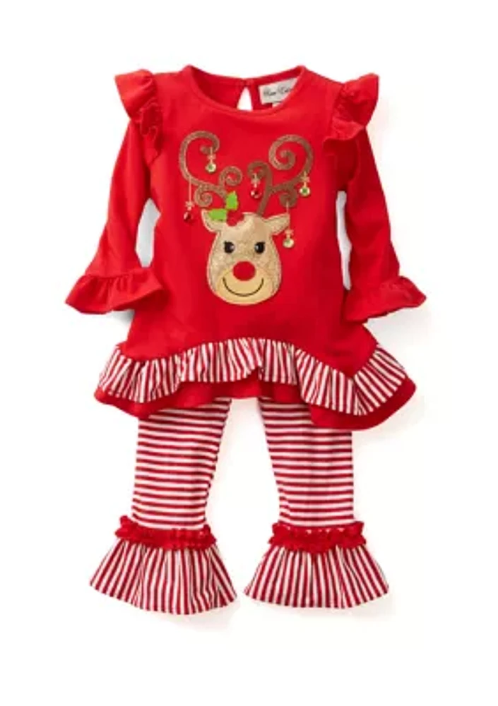 Toddler Girls Long Sleeve Reindeer Appliqué Top and Striped Pants Set