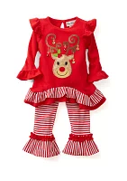 Toddler Girls Long Sleeve Reindeer Appliqué Top and Striped Pants Set