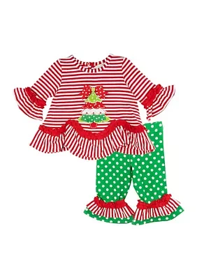 Toddler Girls Christmas Tree Appliqué Top and Leggings Set