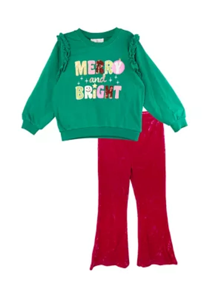 Toddler Girls French Terry Merry Bright Graphic Sweatshirt and Pants Set