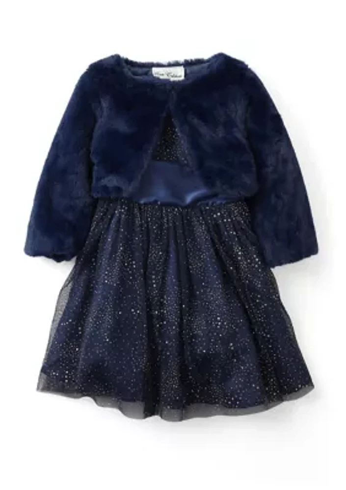 Toddler Girls Foil Mesh Dress with Fur Coat