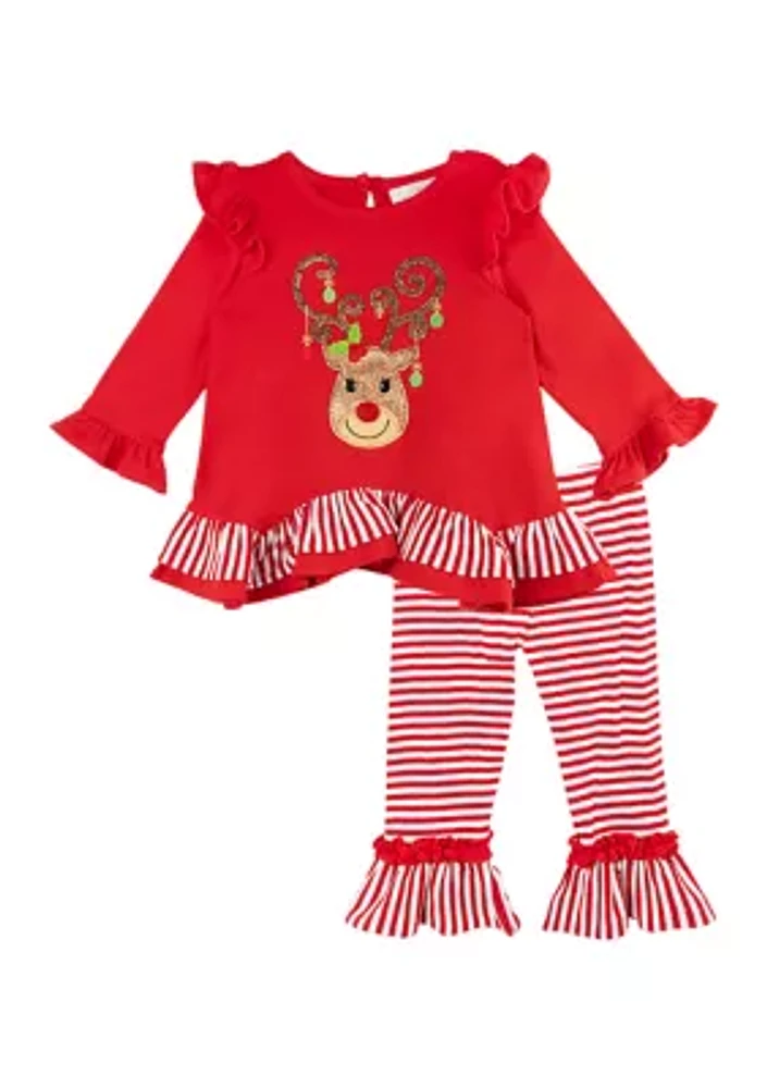 Baby Girls Reindeer Appliqué Top and Printed Leggings Set