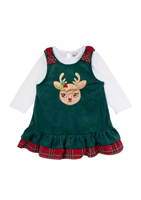 Baby Girls Reindeer Appliqué Jumper Dress