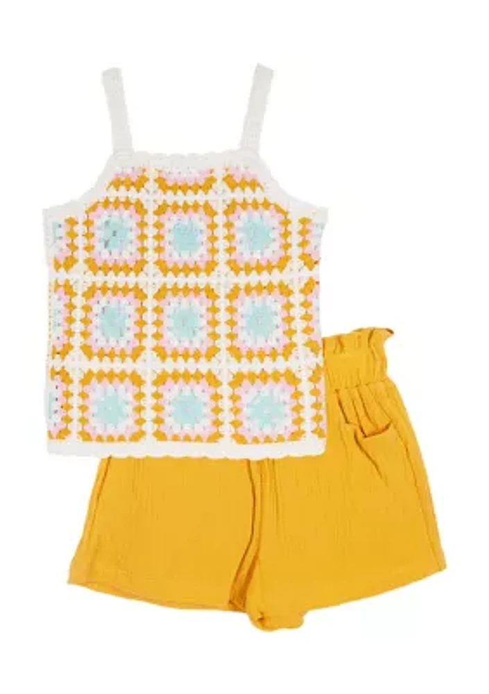 Toddler Girls Printed Crochet Top and Solid Shorts Set