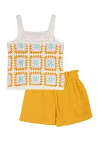 Toddler Girls Printed Crochet Top and Solid Shorts Set