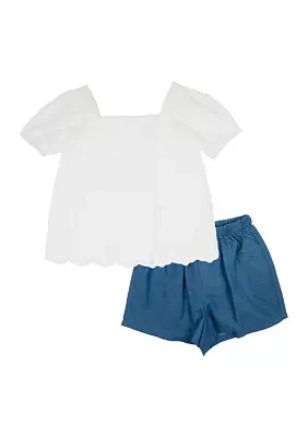 Toddler Girls Solid Top and Ruffle Denim Shorts Set