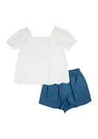 Baby Girls Solid Top and Ruffle Denim Shorts Set