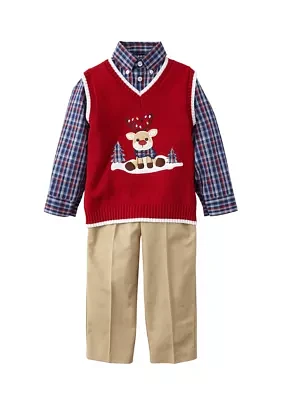 Toddler Boys Reindeer Graphic with Twill Sweater Vest Set