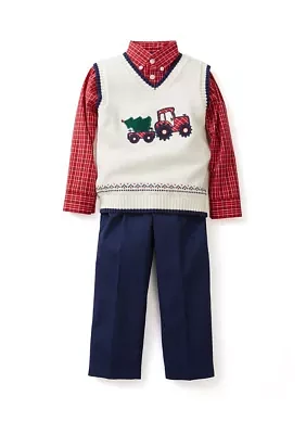 Baby Boys Toy Tractor Twill Sweater Vest Set