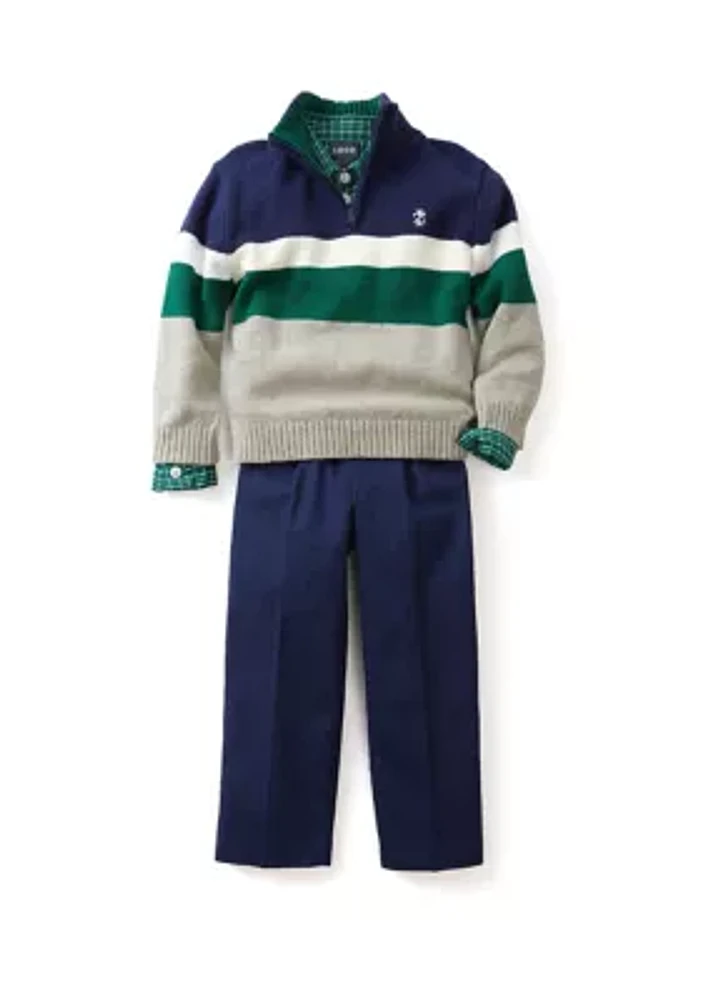 Baby Boys Chest Stripe 1/4 Zip with Twill Sweater Set