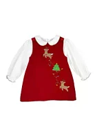 Petit Ami Baby Girls Reindeer and Tree Appliqué Dress