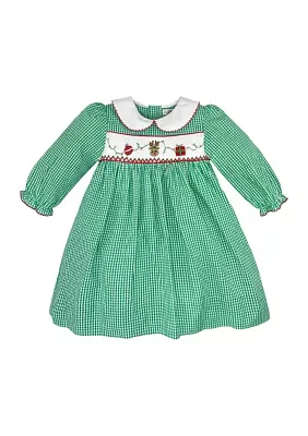 Baby Girls Reindeer Appliqué Smocked Printed Dress