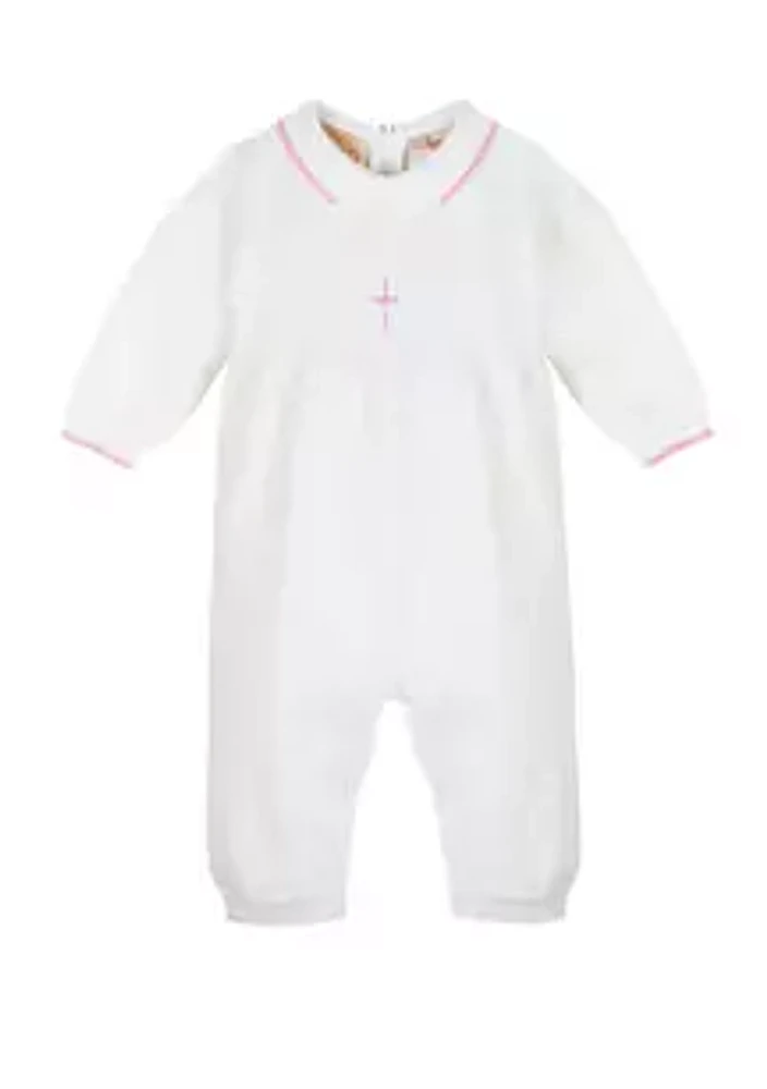 Carriage Boutique Baby Knitted Christening Romper with Pink Cross