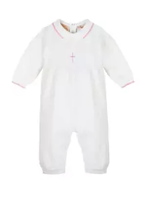 Carriage Boutique Baby Knitted Christening Romper with Pink Cross