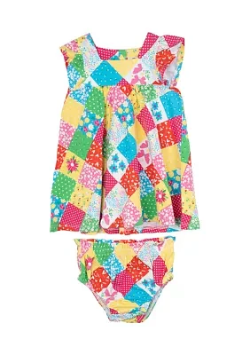 Baby Girls Puff Sleeve Patchwork Dress and Bloomer